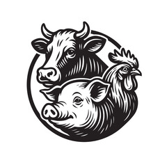 Monochrome logo style illustration of a cow, pig, and rooster in a circle. Bold black lines, classic farm animal emblem, isolated on white background.