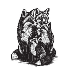 Four detailed black and white foxes, a family unit, sit together. Ideal for nature, wildlife, or family themes. Animals.