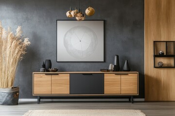 Interior with wooden cabinet, artwork, and pampas grass on white background