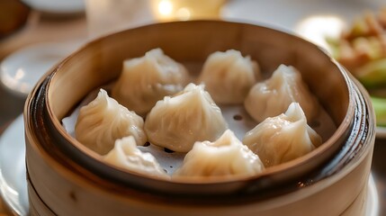 Serving Steamed Dumplings in Bamboo Basket Asian Cuisine