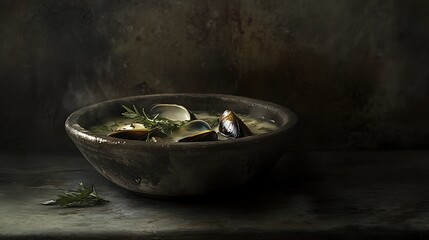 Steaming Bowl of Mussel Soup Garnished with Rosemary
