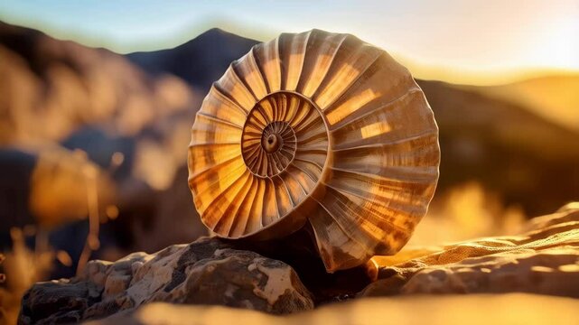 Fossilized ammonite shell rests on rocky terrain, bathed in the warm glow of the setting sun, highlighting intricate details.