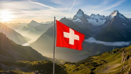 Swiss flag waves proudly above a high-altitude valley surrounded by the Alps, bathed in golden morning light in honor of Swiss National Day