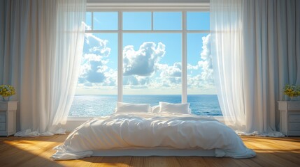 A spacious master bedroom features a king-size bed, facing a large, open window with a view of the deep blue ocean. The sunlight gently fills the room, adding to its luxurious simplicity.