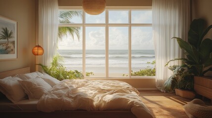 A serene, spacious bedroom with a large, comfortable bed, a full wall of glass revealing the vast ocean, and soft, neutral tones blending seamlessly with the coastal scenery outside.