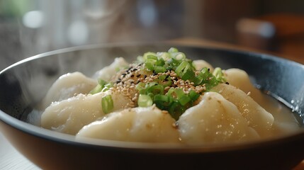 Steaming Dumplings in Broth with Scallions and Sesame Seeds