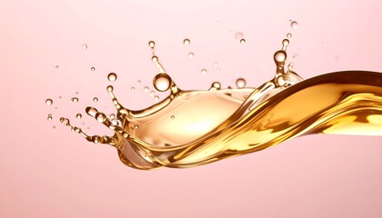 Golden oil splash on blush background, clean minimal wellness aesthetic.