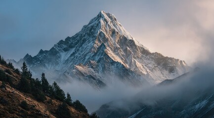 A majestic snow-capped peak rises above a misty valley, bathed in the soft glow of sunrise or sunset.  The lower slopes are covered in dark green vegetation