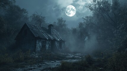 A small, eerie hut with crooked walls and a crumbling chimney, isolated in a dense forest under the pale light of a full moon, with fog swirling around its base.