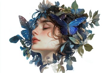 Portrait of a woman with butterflies and flowers on white background