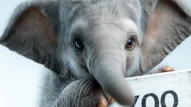 Baby elephant zoo sign portrait.