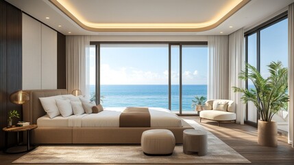 A spacious, modern bedroom with a large bed positioned to face an expansive window showcasing the ocean, the room filled with natural light and elegant, high-end furnishings.