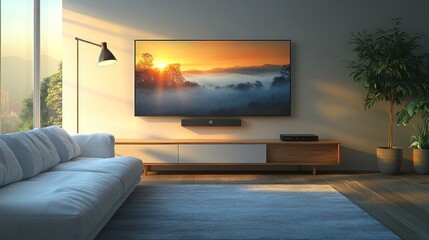 The stylish living room has a white sofa, an elegant floor lamp with an adjustable armrest and a flat-screen TV on a wooden stand.