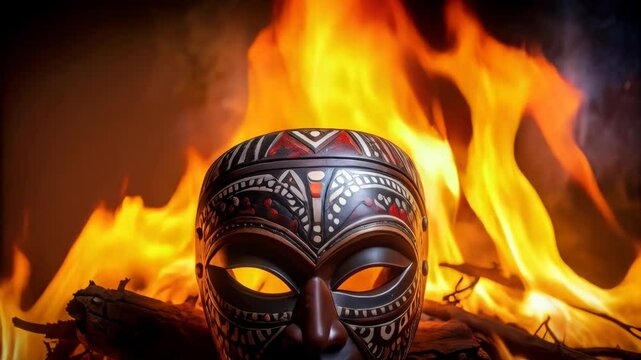 Ornate tribal mask with glowing eyes on burning pyre of sticks and flames generating dramatic and cultural background