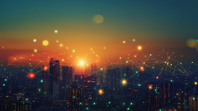 Smart city with connection network reciprocity over the cityscape social media networking systems that connects on the peak of success amid tall, innovative Smart city and graphs with statistics - Powered by Adobe