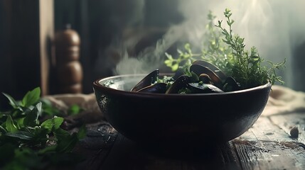 Steaming Bowl of Mussels with Fresh Herbs on a Wooden Table