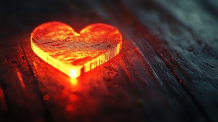 Glowing heart on a wooden surface