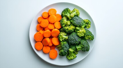 Arrangement of Fresh Broccoli and Carrot Slices on White Plate