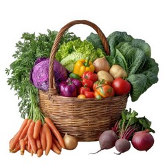 Wicker basket of fresh vegetables isolated on white background