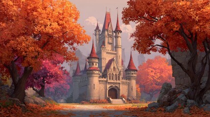 Enchanted Castle Surrounded by Vibrant Autumn Foliage with Majestic Spires and Stone Walls, Capturing the Essence of Fantasy Landscapes in Nature