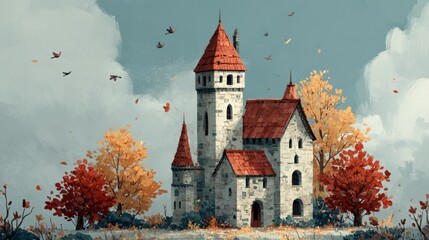Enchanting Stone Castle Surrounded by Autumn Trees and Colorful Leaves Under a Gray Sky in a Whimsical Landscape Scene