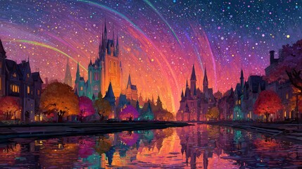 Enchanting Fantasy Cityscape at Night with Sparkling Stars, Colorful Buildings, and Reflections on the Water Surface