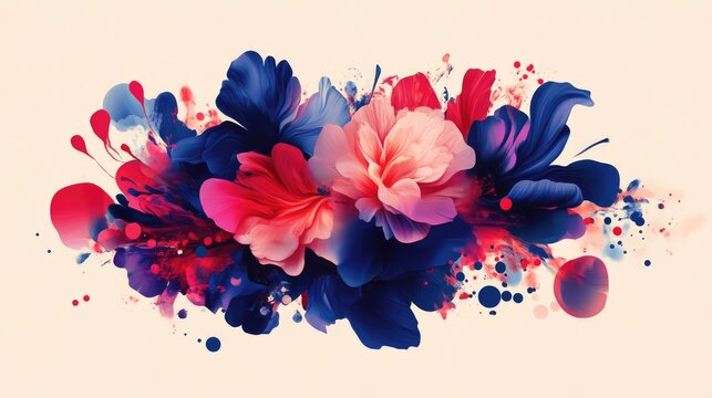 This digital illustration features explosive bursts of red, blue and pink, designed to emulate a dramatic floral bloom in dynamic