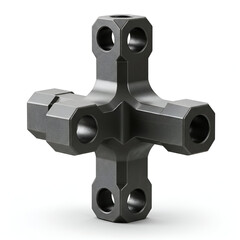 Dark gray metal cross-shaped structural component with interconnected hexagonal sections. Geometric design element with symmetrical, hollowed-out sections.