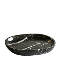 An oval, shallow dish crafted from dark marble, exhibiting a polished finish and subtle white veining throughout its surface.  The piece displays a smooth, gently curved form