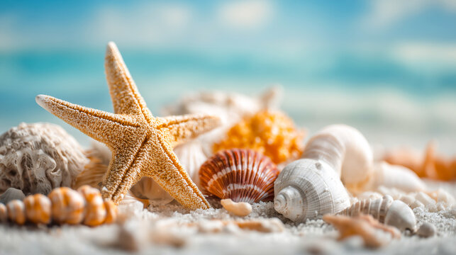A vibrant composition of seashells and a starfish on a sandy beach, evoking tranquility and the beauty of coastal life.