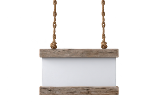 Blank rustic wooden sign hanging on ropes