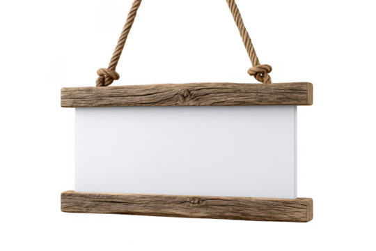 Blank rustic wooden sign hanging with a rope