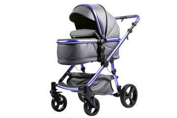Luxury Baby Stroller: Gray & Blue Pram with Carrycot for Newborns on transparent background png