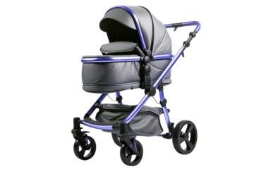 Luxury Baby Stroller: Gray & Blue Pram with Carrycot for Newborns on transparent background png