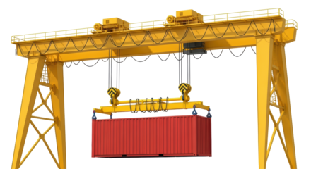 Isolated Yellow Gantry Crane Lifting Red Shipping Container