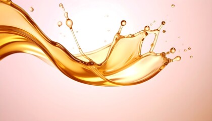 Golden oil splash on blush background, clean minimal wellness aesthetic.