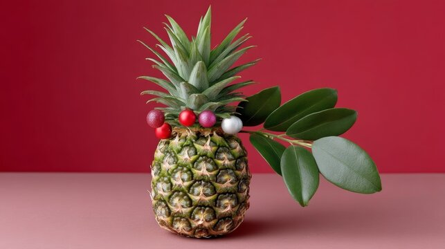 Pineapple is sitting on a table with a leaf on top of it. The pineapple is surrounded by berries, giving it a festive and colorful appearance. Concept of warmth and joy, as the pineapple