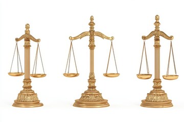 Three golden scales of justice on white background