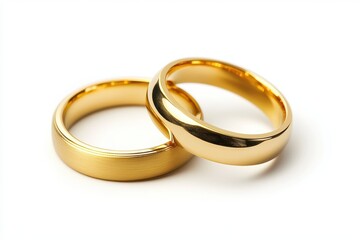 Two gold wedding rings on a white background