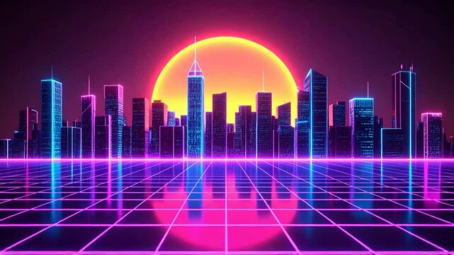 Retro city skyline with neon glow and synthwave vibes from future world - Powered by Adobe
