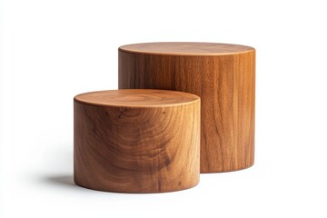 Two wooden cylindrical stools on white background