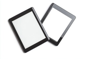 Two black tablets with white screens on a white background