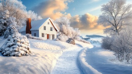 A two-story house perched on a hill, blanketed in snow, with a snowy path leading to the front door, overlooking a tranquil, frozen valley beneath a pale blue winter sky.