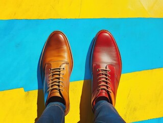 Two dress shoes, one brown and one red, on a colorful background