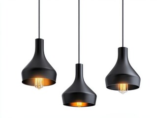 Three black pendant lights with exposed bulbs on white background