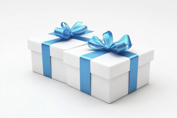 Two white gift boxes with blue ribbons on white background