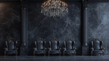 Several elegant, upholstered chairs with high backs are placed along the wall of a luxurious room. A large crystal chandelier hangs overhead and a marble floor is beneath it.