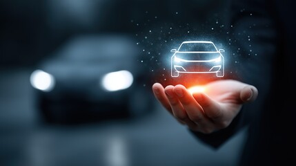 Business - style hand holding holographic car light outline, real - virtual car contrast showcases smart mobility tech for auto tech & intelligent transport promotion materials