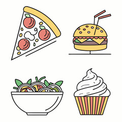 Collection of business teamwork icons. Fast food, burger, pizza, noodle illustrations. Food icons