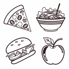 Collection of business teamwork icons. Fast food, burger, pizza, noodle illustrations. Food icons